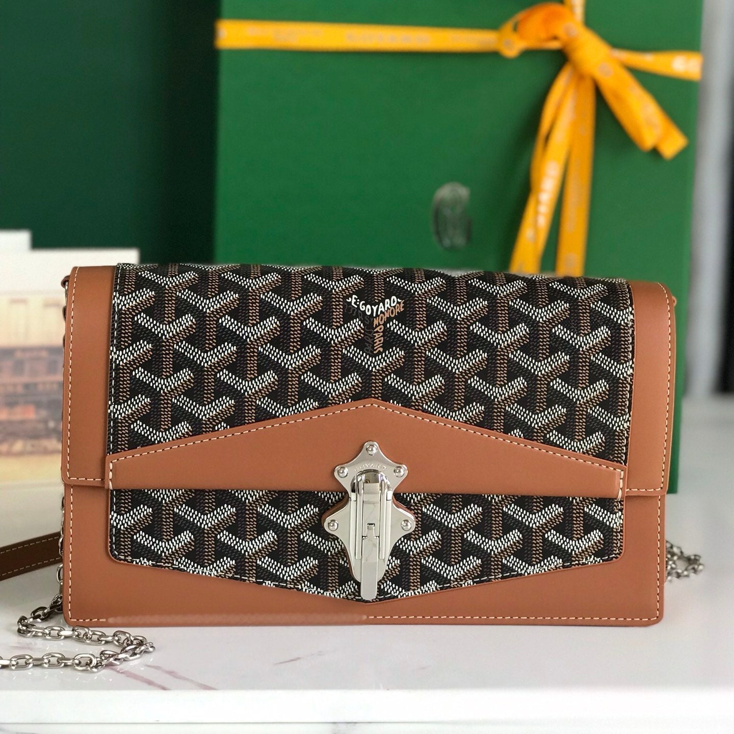 GOYARD DUCHESSE MARIE-CAROLINE BAG 25 IN BLACK GOYARDINE CANVAS AND TAN SMOOTH CALFSKIN