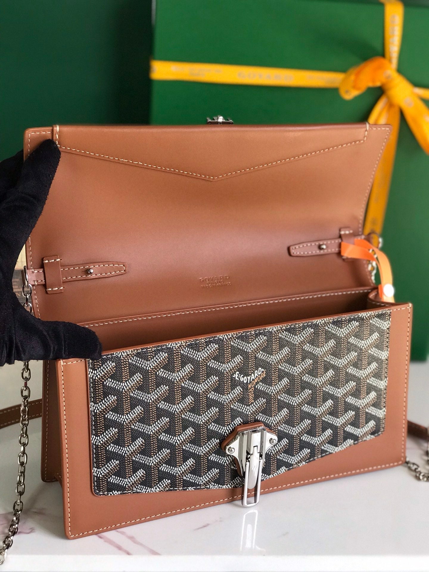 GOYARD DUCHESSE MARIE-CAROLINE BAG 25 IN BLACK GOYARDINE CANVAS AND TAN SMOOTH CALFSKIN