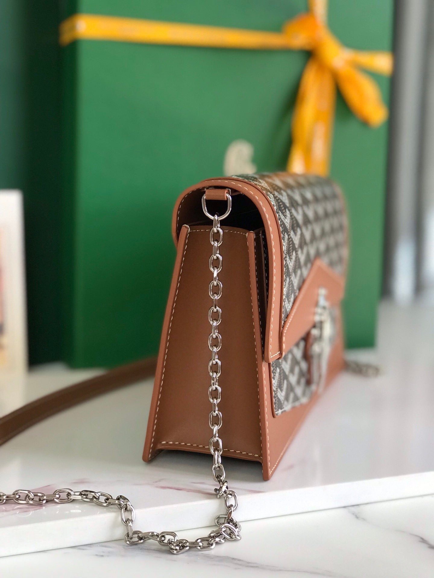 GOYARD DUCHESSE MARIE-CAROLINE BAG 25 IN BLACK GOYARDINE CANVAS AND TAN SMOOTH CALFSKIN