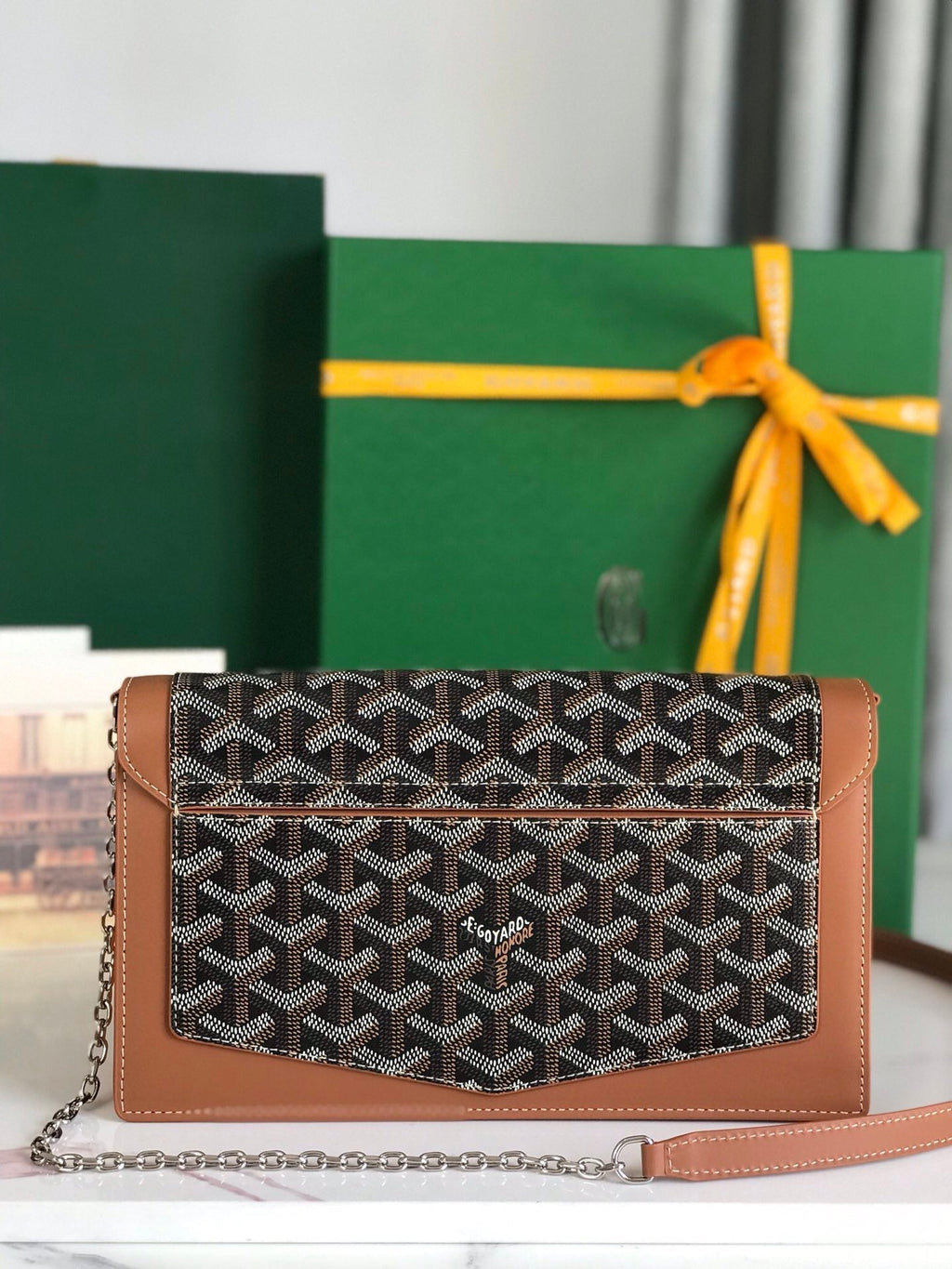 GOYARD DUCHESSE MARIE-CAROLINE BAG 25 IN BLACK GOYARDINE CANVAS AND TAN SMOOTH CALFSKIN
