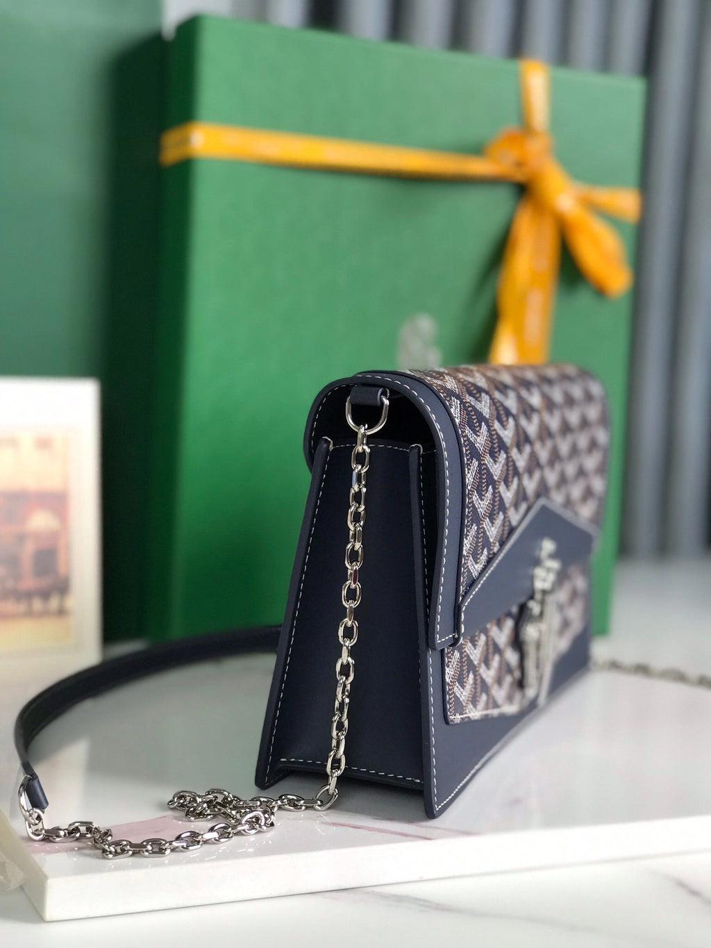 GOYARD DUCHESSE MARIE-CAROLINE BAG 25 IN NAVY BLUE GOYARDINE CANVAS AND SMOOTH CALFSKIN