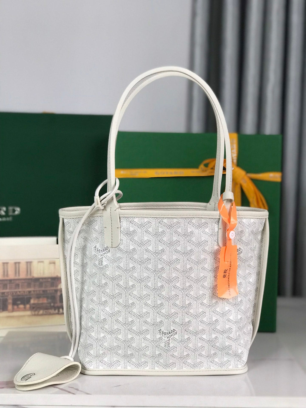 GOYARD ANJOU MINI BAG 20 IN WHITE CALFSKIN AND GOYARDINE CANVAS