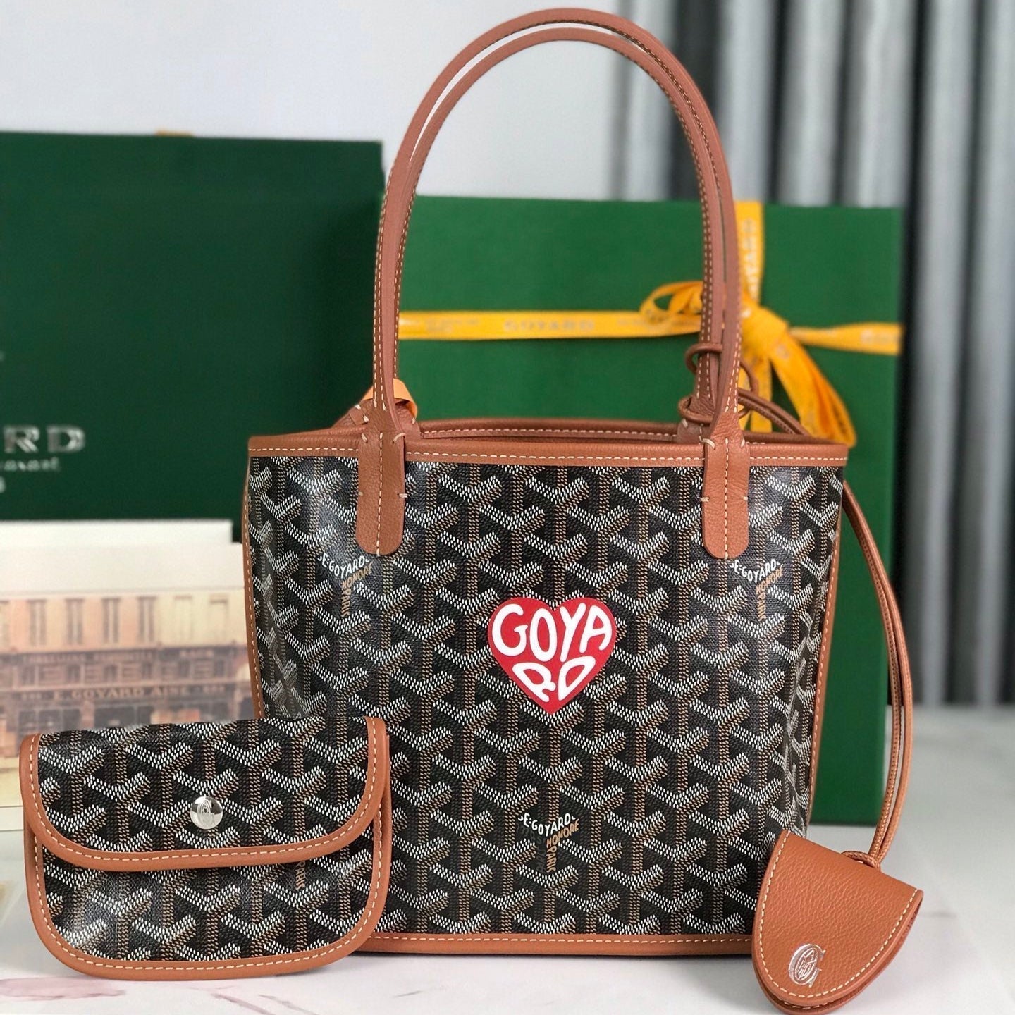 GOYARD ANJOU MINI BAG 20 IN TAN CALFSKIN AND BLACK GOYARDINE CANVAS