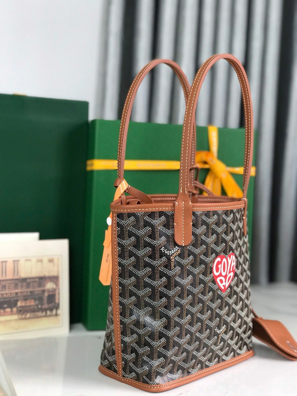 GOYARD ANJOU MINI BAG 20 IN TAN CALFSKIN AND BLACK GOYARDINE CANVAS