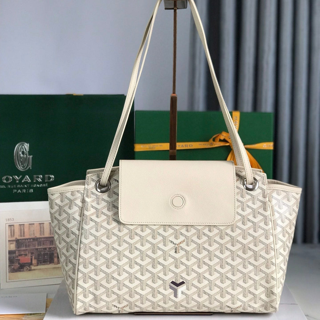 GOYARD ROUETTE SOUPLE BAG 30 IN WHITE GOYARDINE CANVAS AND CALFSKIN