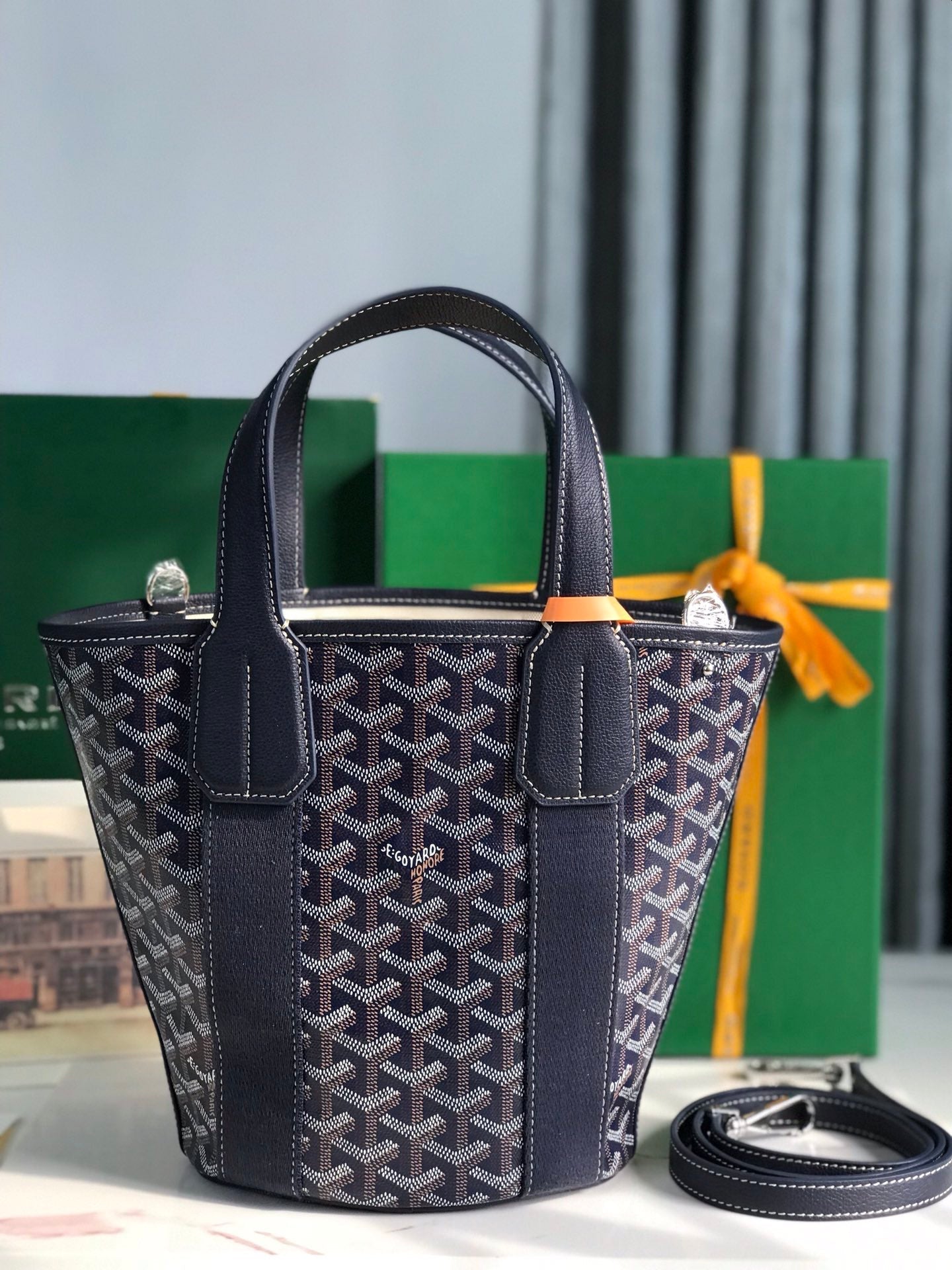 GOYARD SMALL BELHARRA 24 IN NAVY BLUE GOYARDINE CANVAS AND LAMBSKIN
