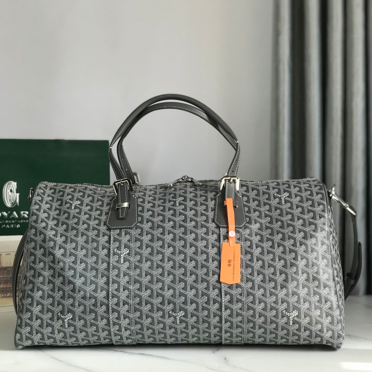 GOYARD BOSTON 50 BAG IN GRAY GOYARDINE CANVAS AND CALFSKIN TRIM