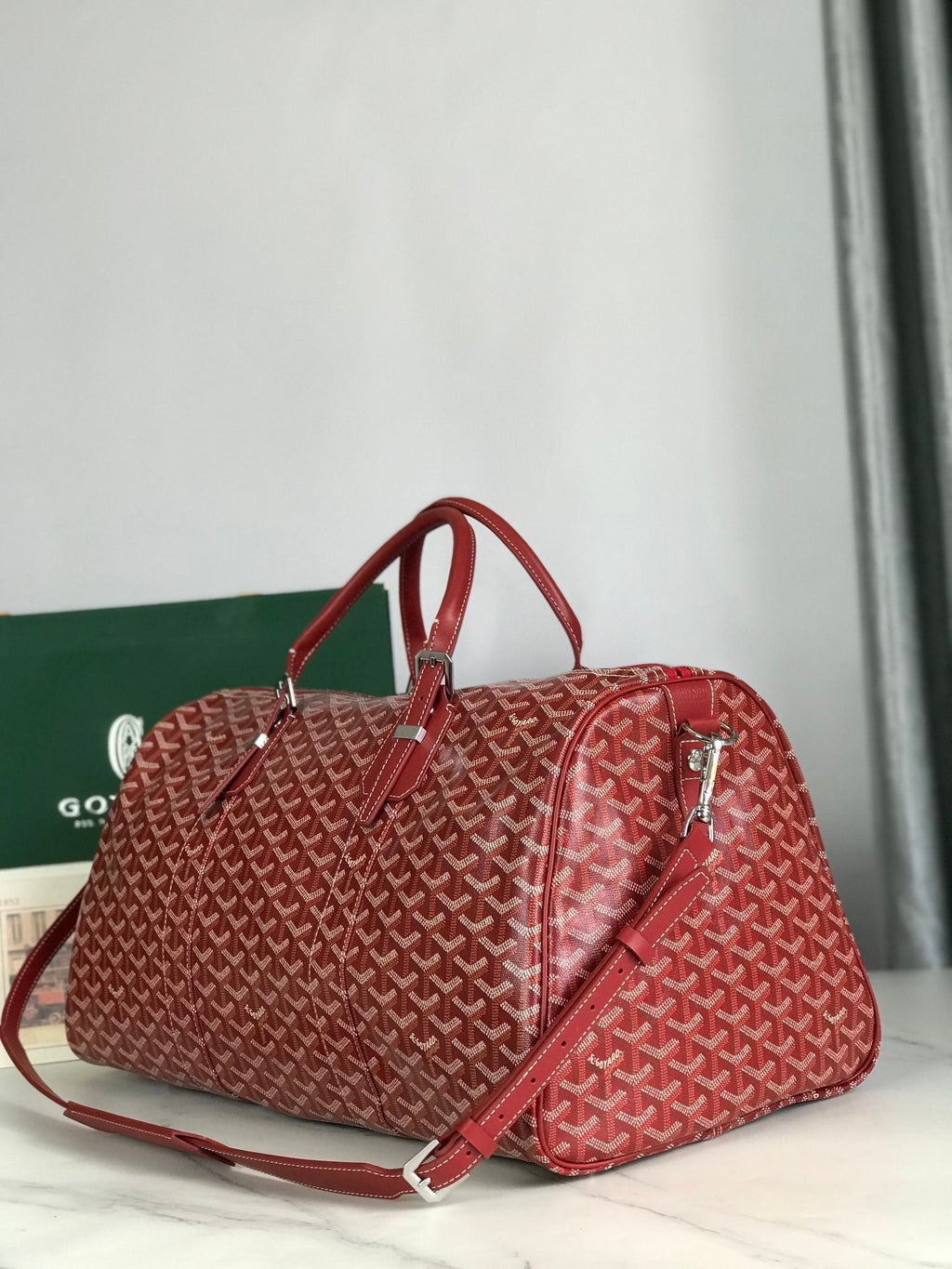 GOYARD BOSTON 50 BAG IN RED GOYARDINE CANVAS AND CALFSKIN TRIM