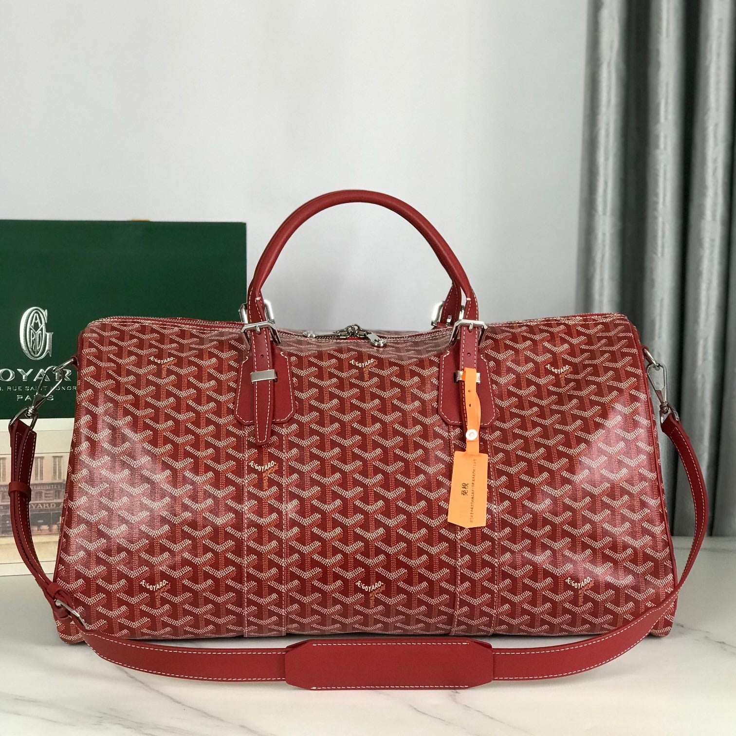 GOYARD BOSTON 50 BAG IN RED GOYARDINE CANVAS AND CALFSKIN TRIM