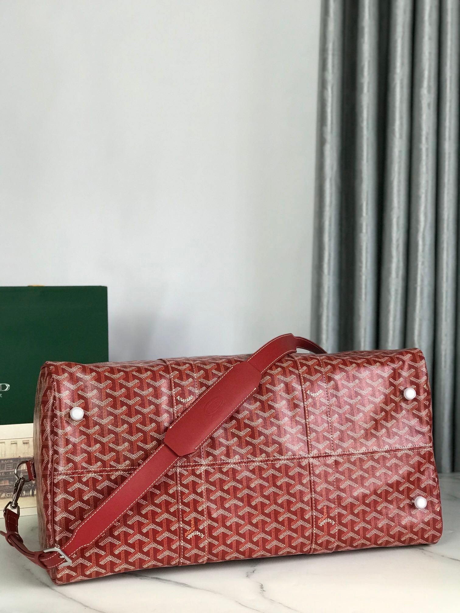 GOYARD BOSTON 50 BAG IN RED GOYARDINE CANVAS AND CALFSKIN TRIM
