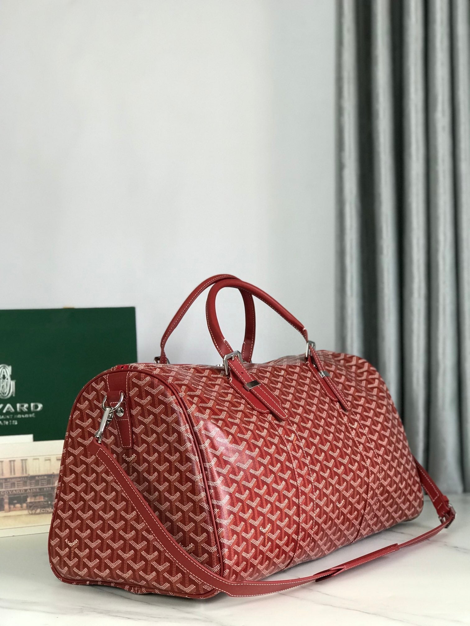 GOYARD BOSTON 50 BAG IN RED GOYARDINE CANVAS AND CALFSKIN TRIM