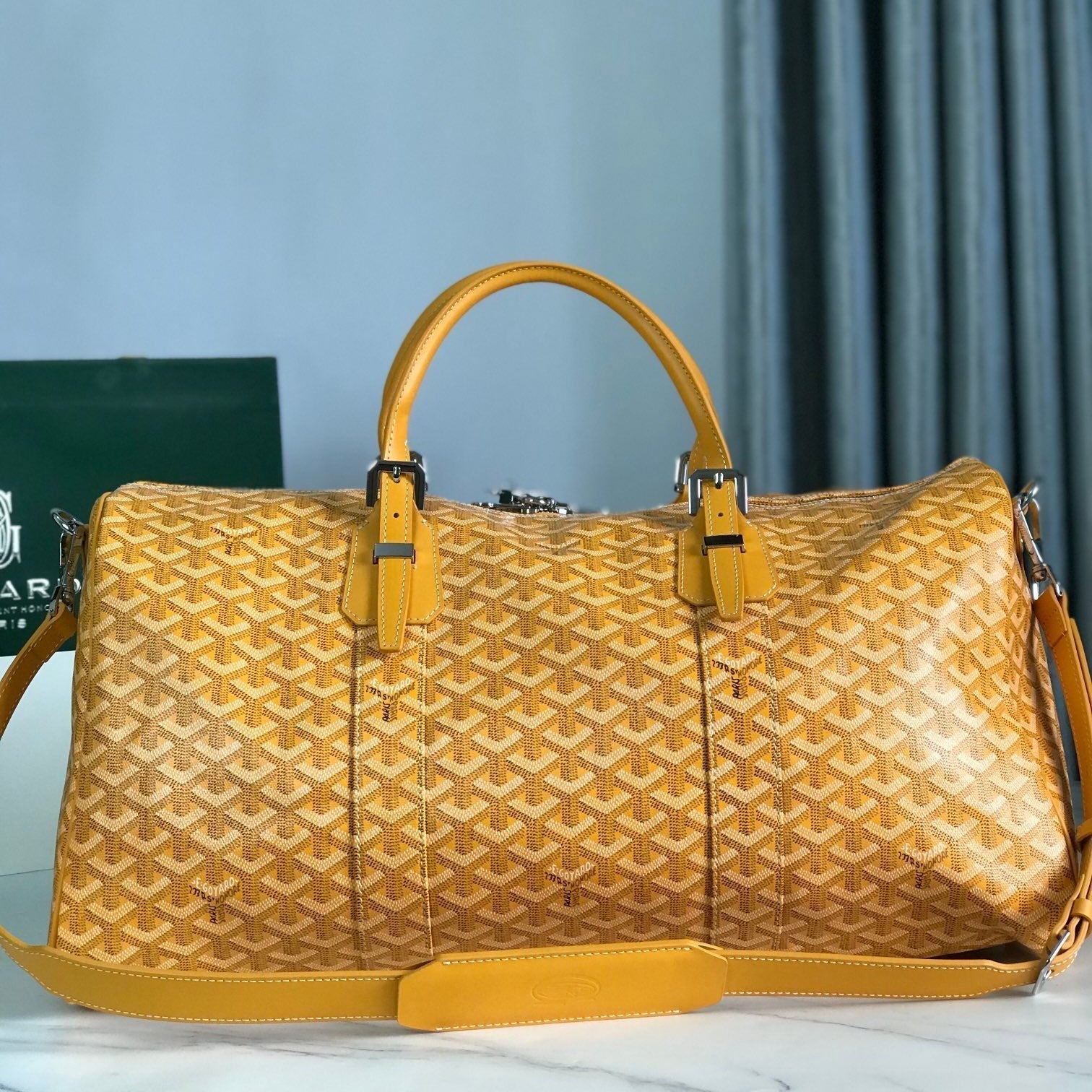 GOYARD BOSTON 50 BAG IN YELLOW GOYARDINE CANVAS AND CALFSKIN TRIM