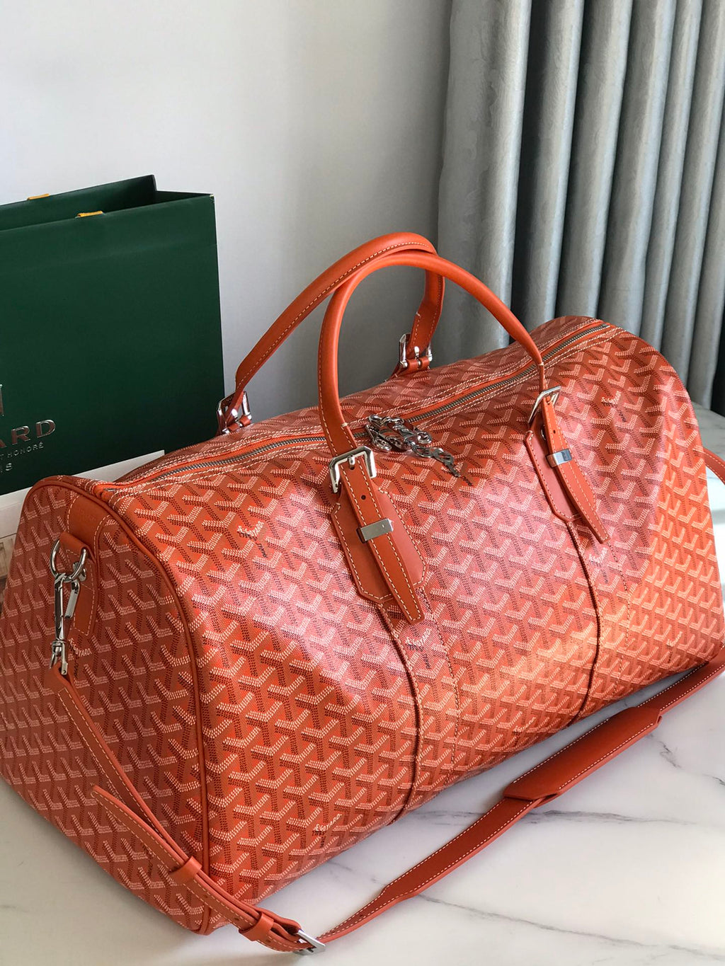 GOYARD BOSTON 50 BAG IN ORANGE GOYARDINE CANVAS AND CALFSKIN TRIM