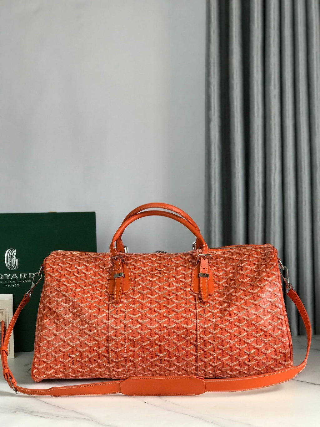 GOYARD BOSTON 50 BAG IN ORANGE GOYARDINE CANVAS AND CALFSKIN TRIM