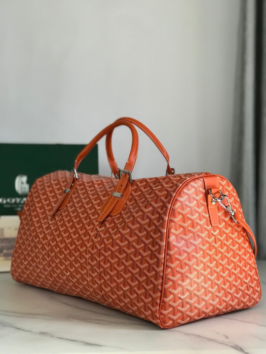 GOYARD BOSTON 50 BAG IN ORANGE GOYARDINE CANVAS AND CALFSKIN TRIM