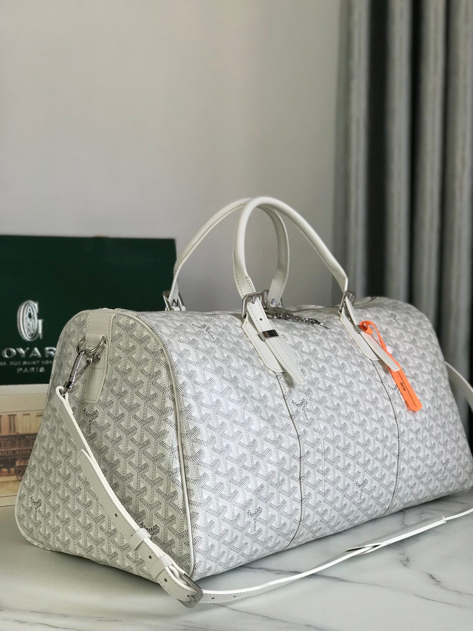 GOYARD BOSTON 50 BAG IN WHITE GOYARDINE CANVAS AND CALFSKIN TRIM