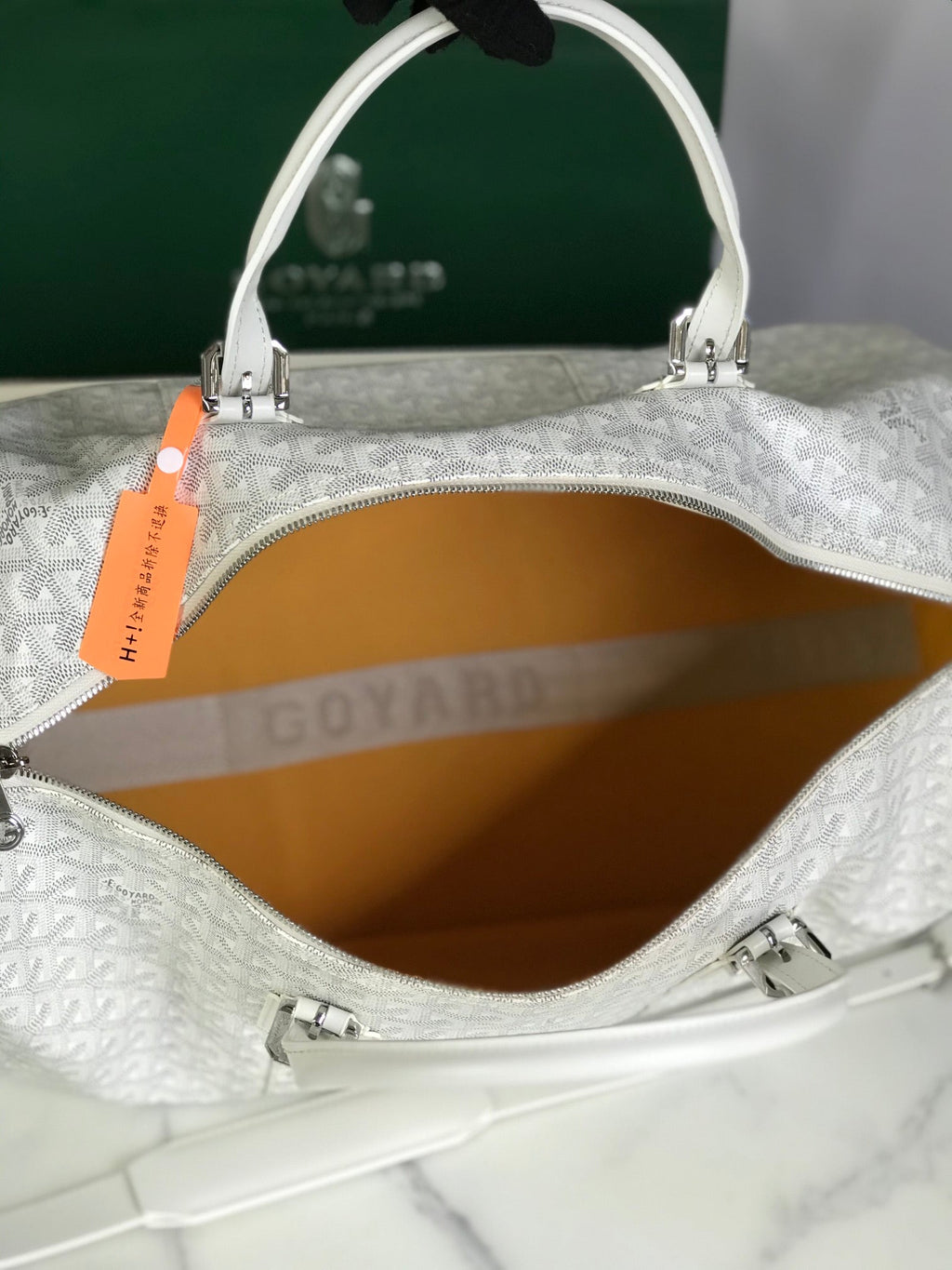 GOYARD BOSTON 50 BAG IN WHITE GOYARDINE CANVAS AND CALFSKIN TRIM