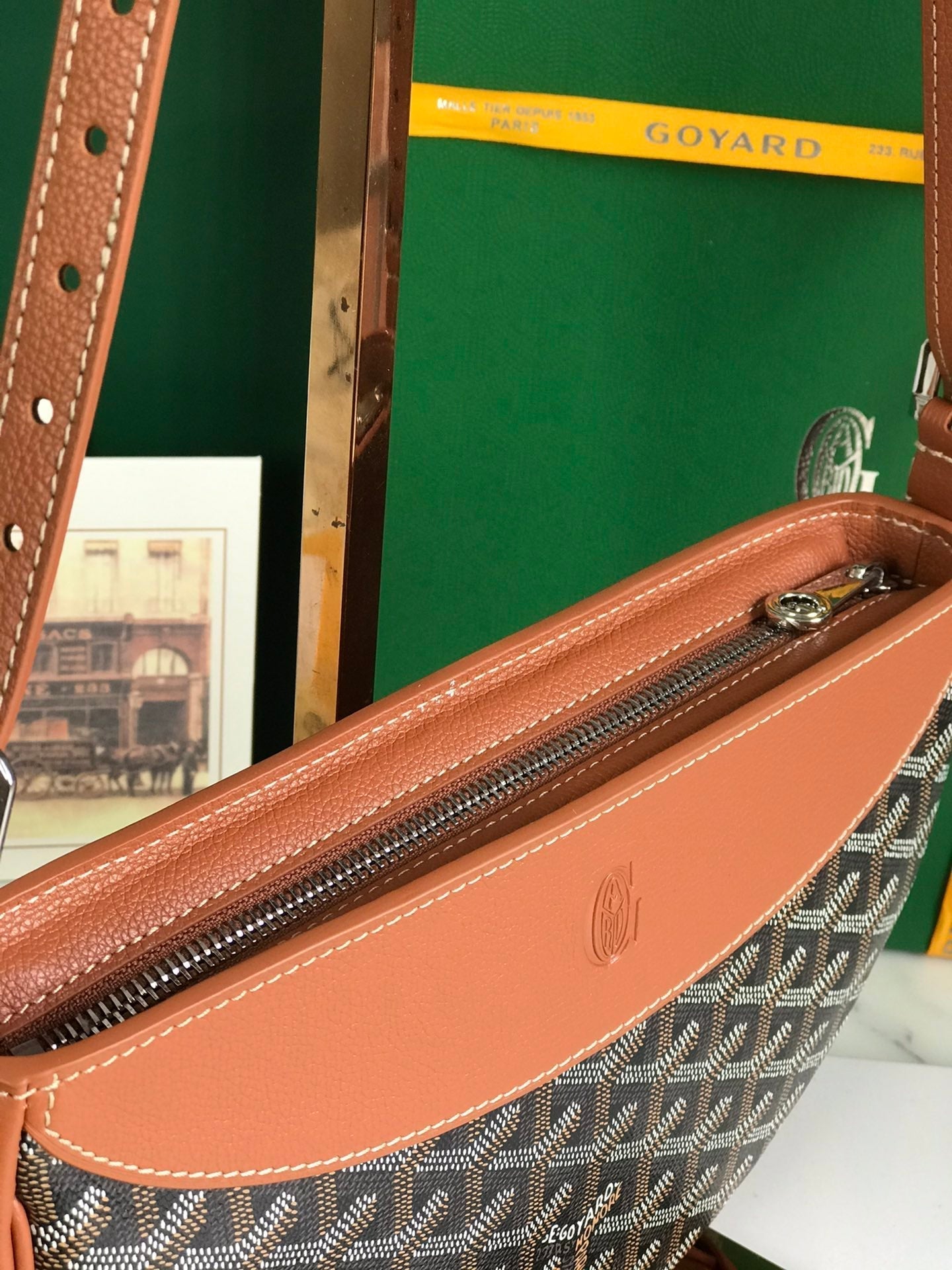 GOYARD HIRONDELLE BAG 25 IN TAN LAMBSKIN AND BLACK GOYARDINE CANVAS