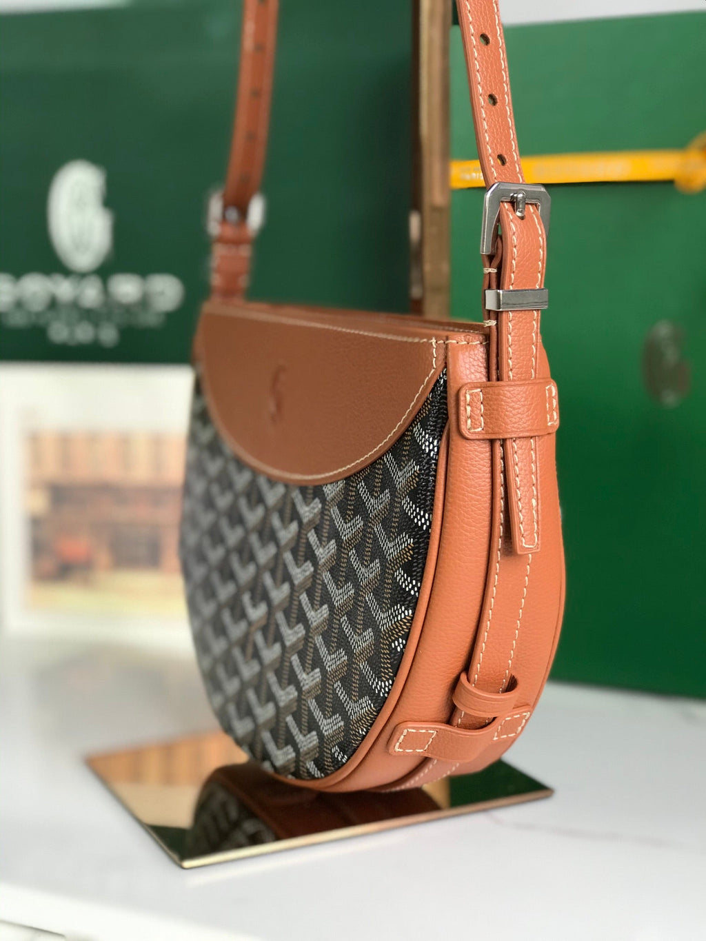 GOYARD HIRONDELLE BAG 25 IN TAN LAMBSKIN AND BLACK GOYARDINE CANVAS