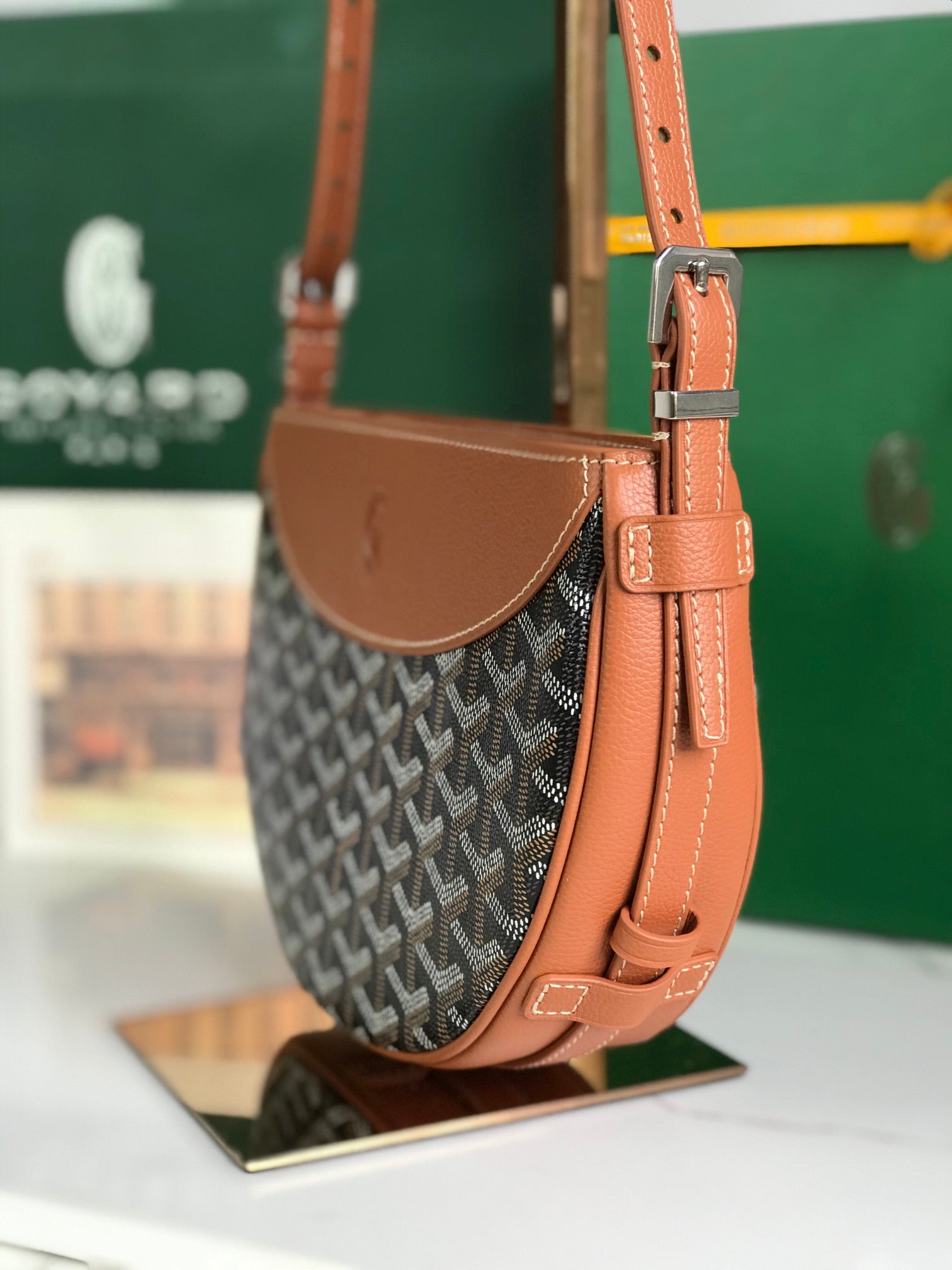 GOYARD HIRONDELLE BAG 25 IN TAN LAMBSKIN AND BLACK GOYARDINE CANVAS