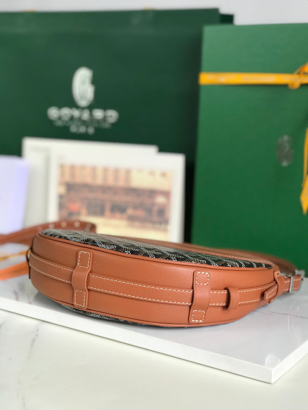 GOYARD HIRONDELLE BAG 25 IN TAN LAMBSKIN AND BLACK GOYARDINE CANVAS