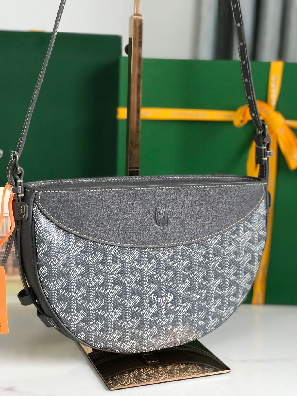 GOYARD HIRONDELLE BAG 25 IN GRAY LAMBSKIN AND GOYARDINE CANVAS