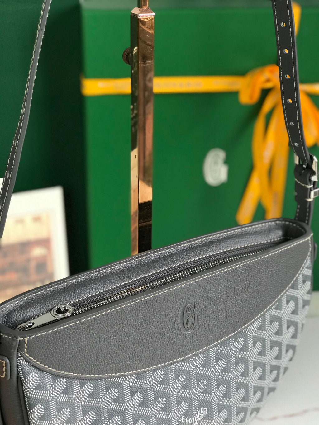 GOYARD HIRONDELLE BAG 25 IN GRAY LAMBSKIN AND GOYARDINE CANVAS