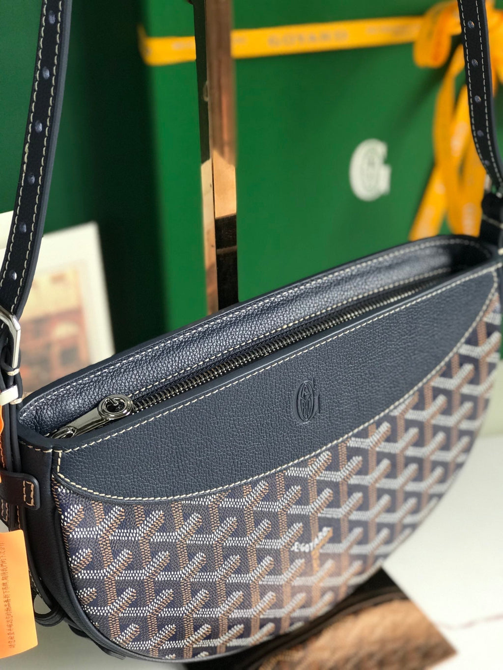 GOYARD HIRONDELLE BAG 25 IN NAVY BLUE LAMBSKIN AND GOYARDINE CANVAS