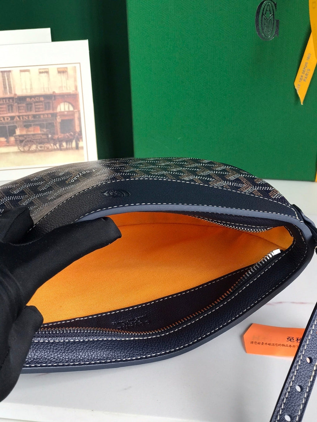 GOYARD HIRONDELLE BAG 25 IN NAVY BLUE LAMBSKIN AND GOYARDINE CANVAS