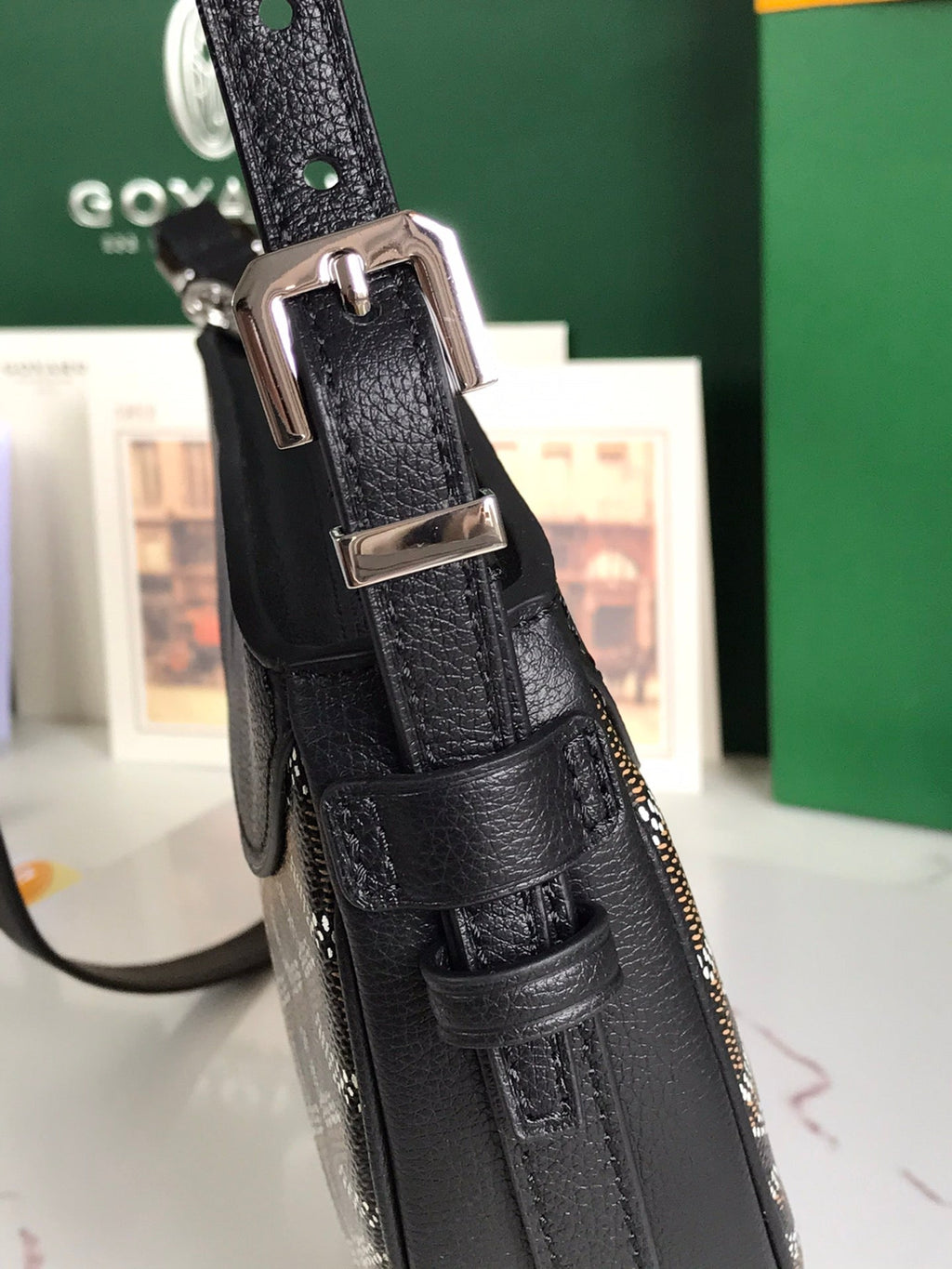 GOYARD HIRONDELLE BAG 25 IN BLACK LAMBSKIN AND GOYARDINE CANVAS