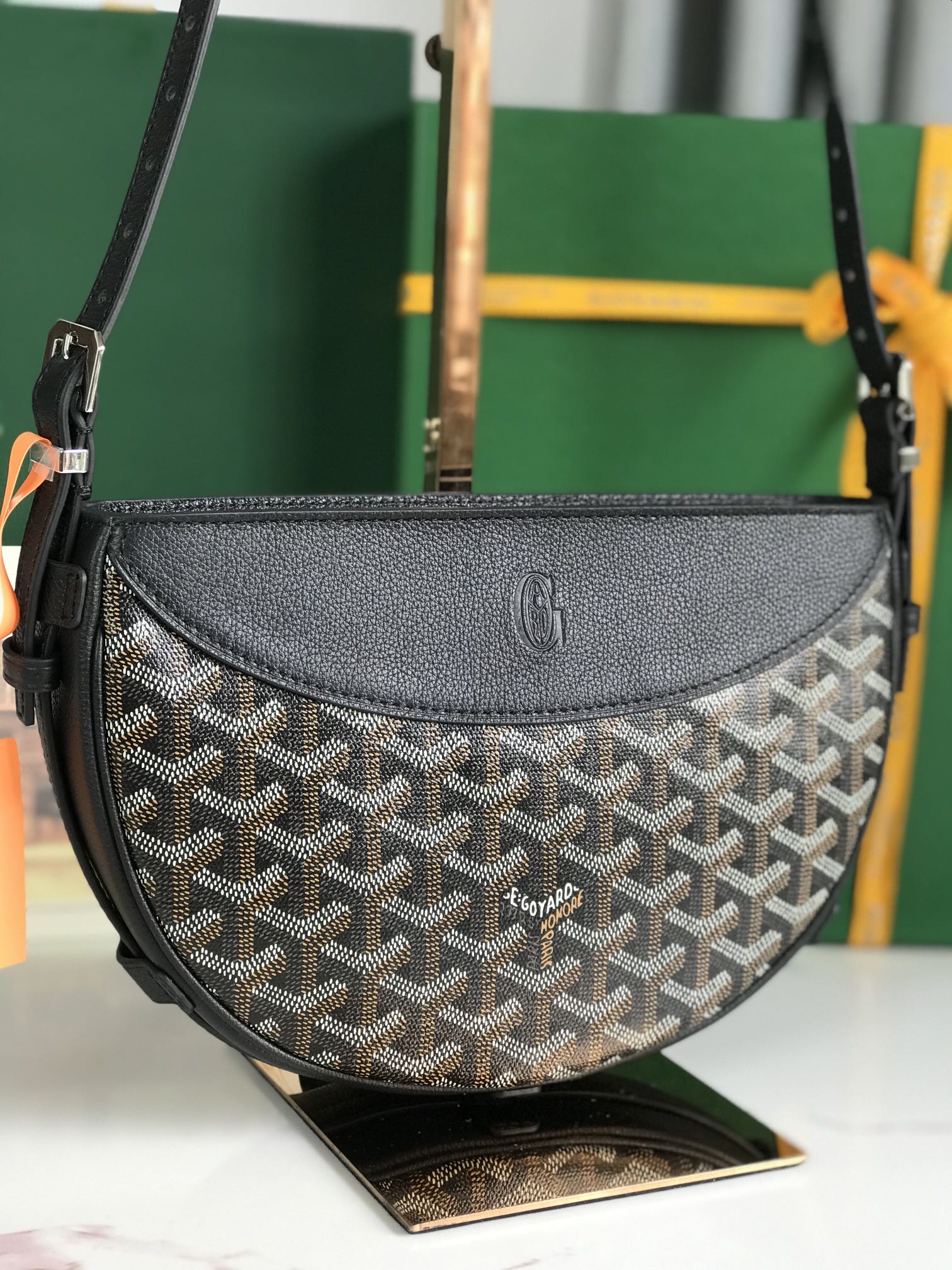 GOYARD HIRONDELLE BAG 25 IN BLACK LAMBSKIN AND GOYARDINE CANVAS