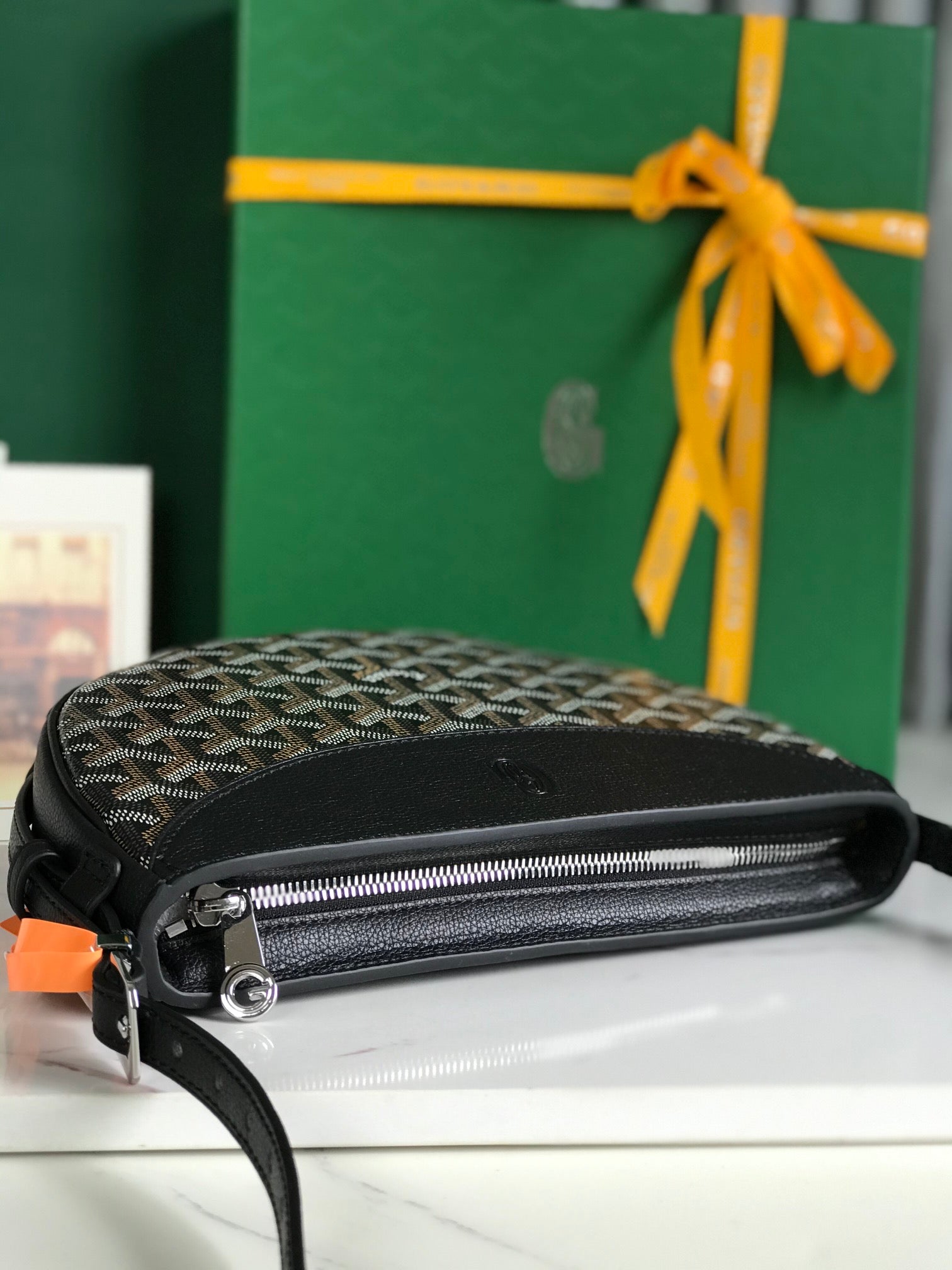 GOYARD HIRONDELLE BAG 25 IN BLACK LAMBSKIN AND GOYARDINE CANVAS