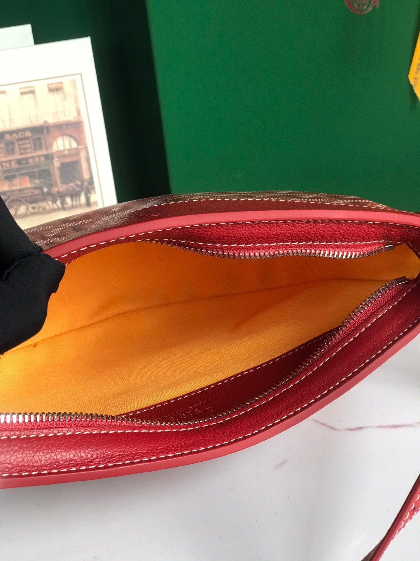 GOYARD HIRONDELLE BAG 25 IN CLASSIC RED LAMBSKIN AND GOYARDINE CANVAS