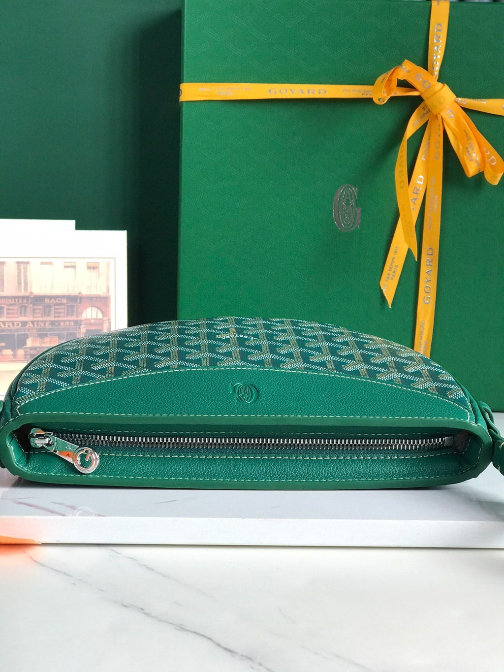 GOYARD HIRONDELLE BAG 25 IN GREEN LAMBSKIN AND GOYARDINE CANVAS
