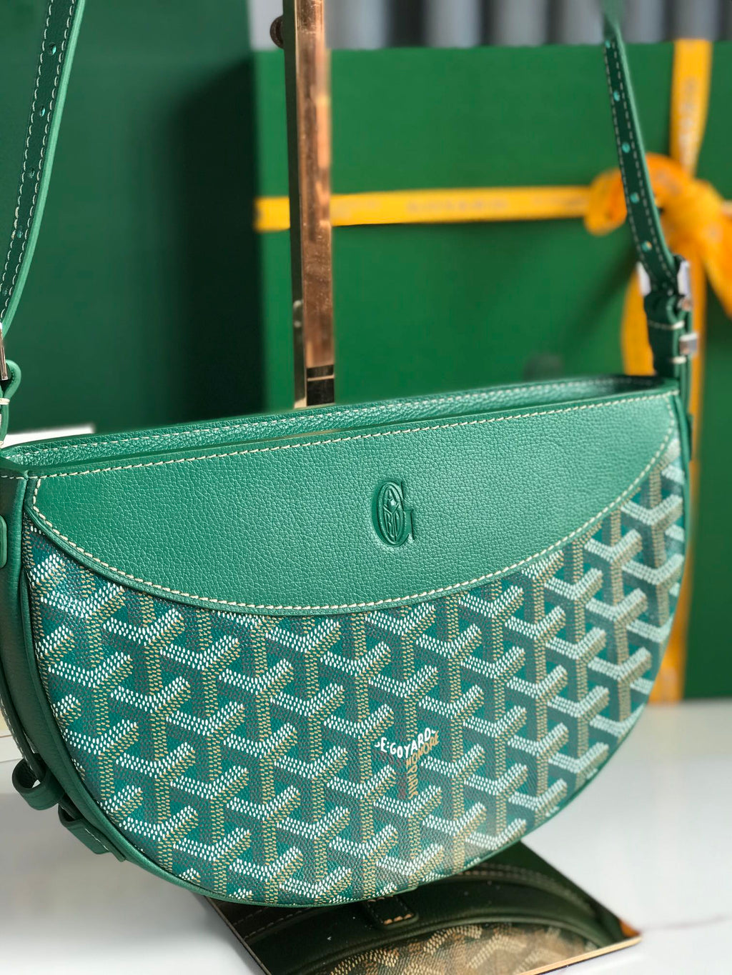 GOYARD HIRONDELLE BAG 25 IN GREEN LAMBSKIN AND GOYARDINE CANVAS