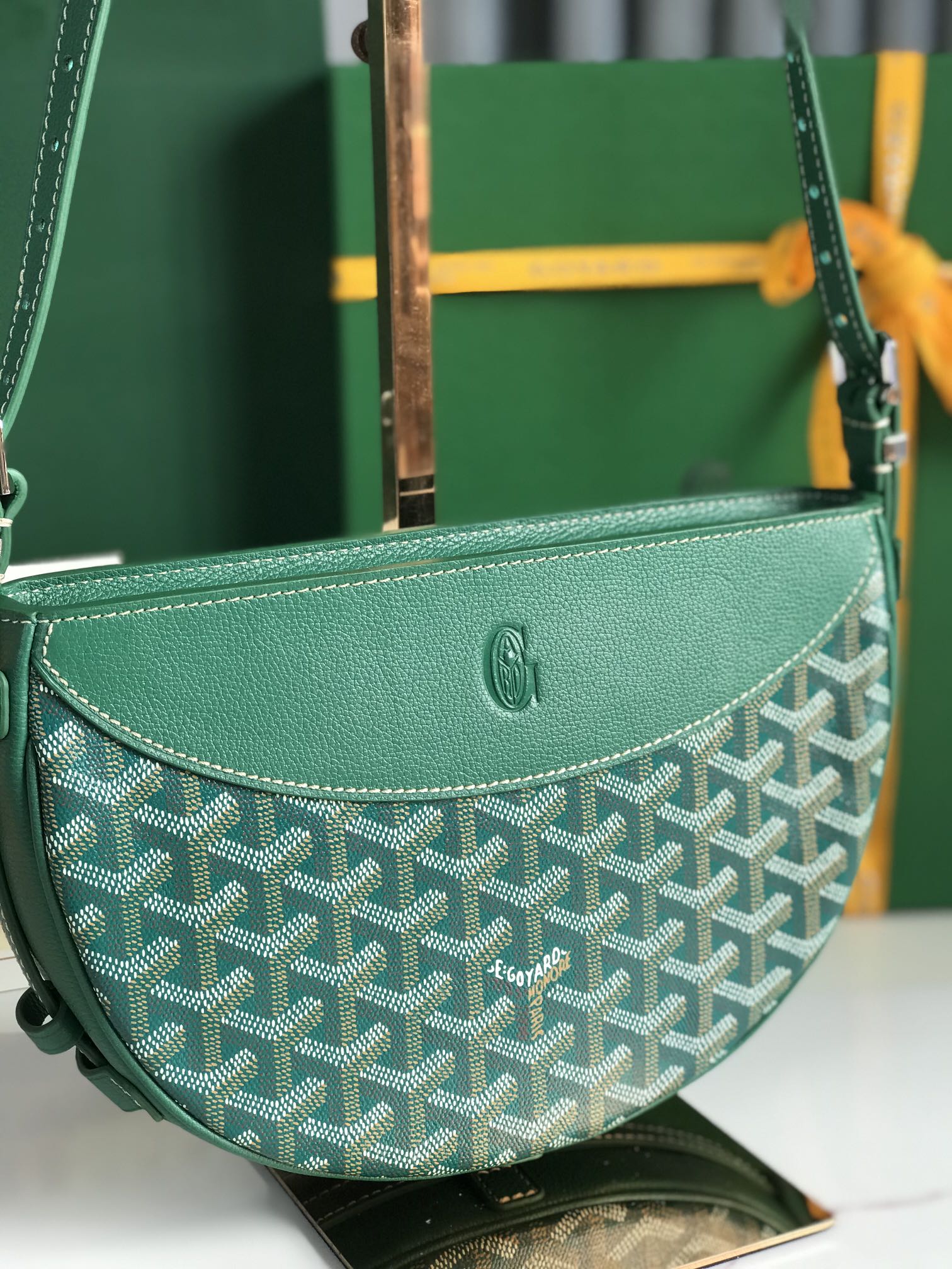GOYARD HIRONDELLE BAG 25 IN GREEN LAMBSKIN AND GOYARDINE CANVAS