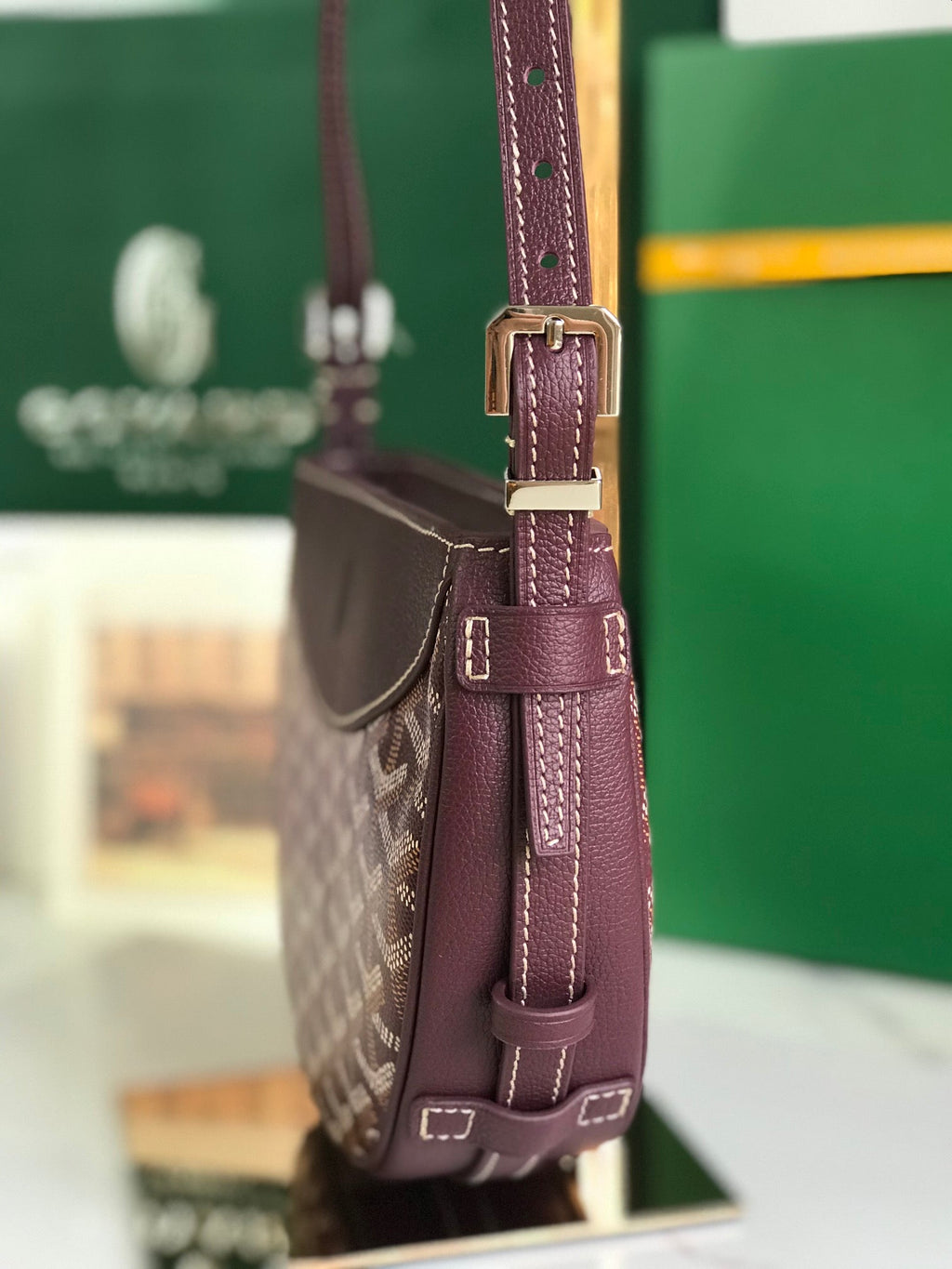 GOYARD HIRONDELLE BAG 25 IN WINE RED LAMBSKIN AND GOYARDINE CANVAS