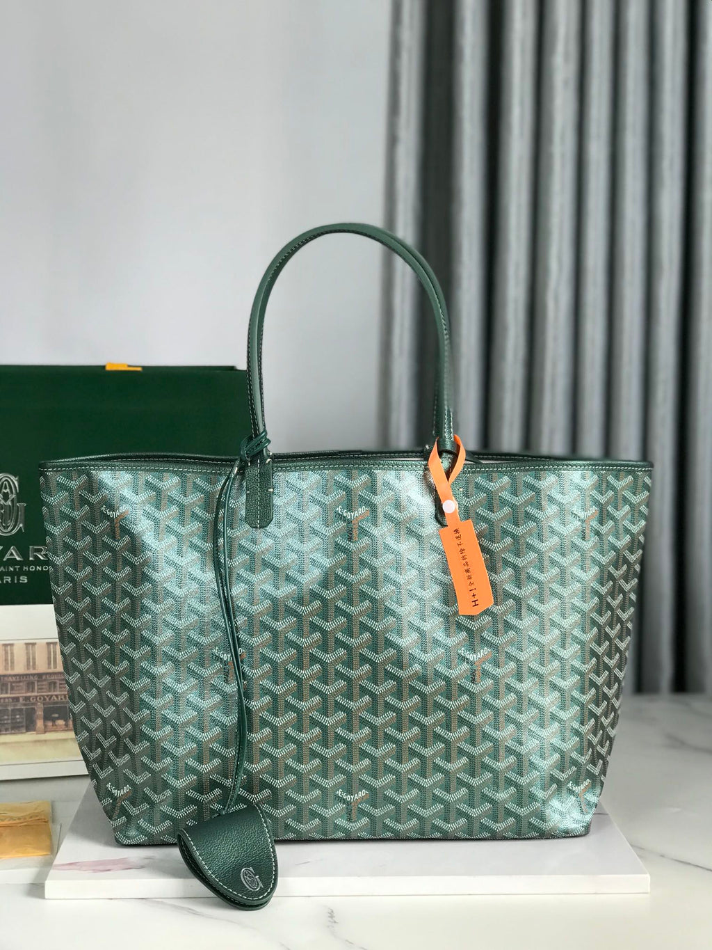 GOYARD SAINT LOUIS PM 34 IN GREEN GOYARDINE CANVAS AND CALFSKIN