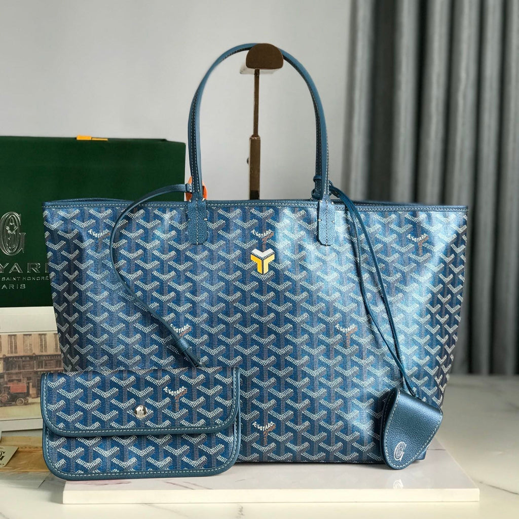GOYARD SAINT LOUIS PM 34 IN NAVY BLUE GOYARDINE CANVAS AND CALFSKIN