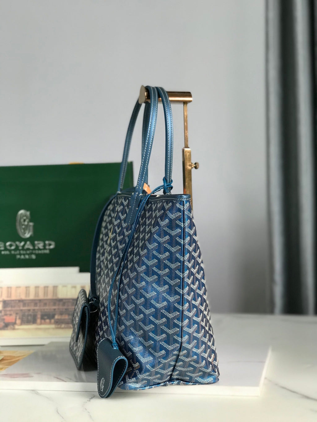 GOYARD SAINT LOUIS PM 34 IN NAVY BLUE GOYARDINE CANVAS AND CALFSKIN