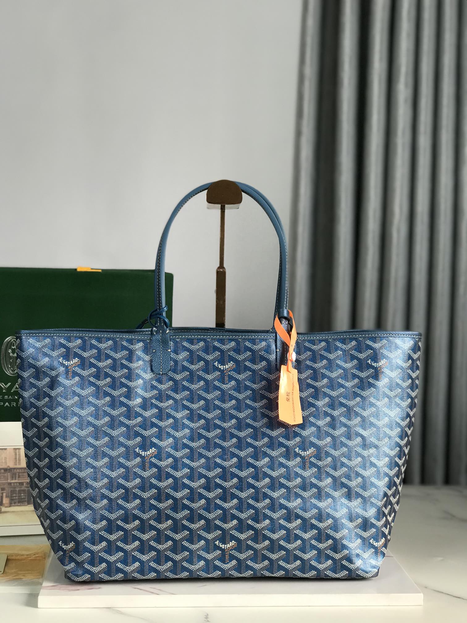 GOYARD SAINT LOUIS PM 34 IN NAVY BLUE GOYARDINE CANVAS AND CALFSKIN