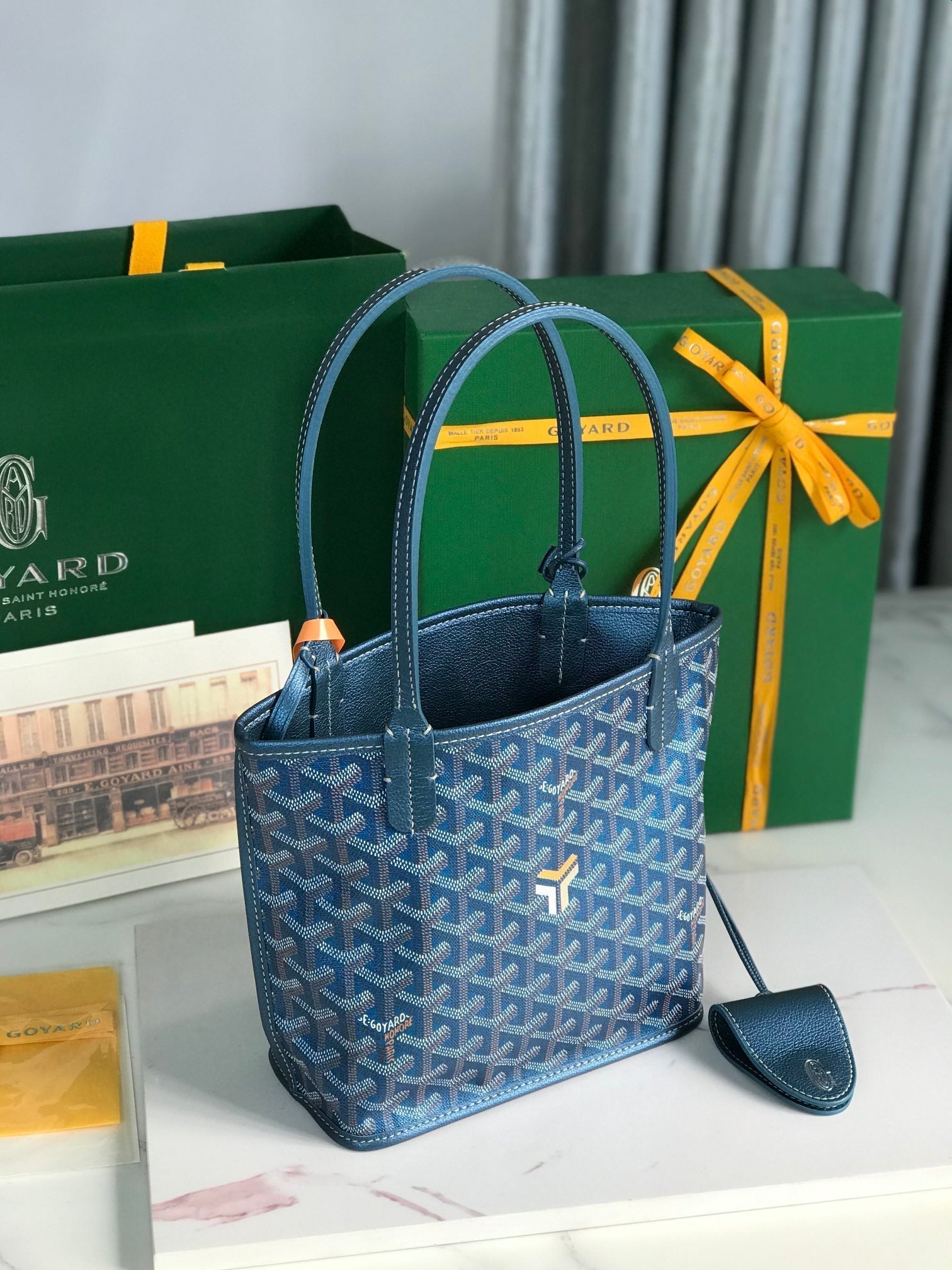 GOYARD ANJOU MINI BAG 20 IN NAVY BLUE  CALFSKIN AND GOYARDINE CANVAS