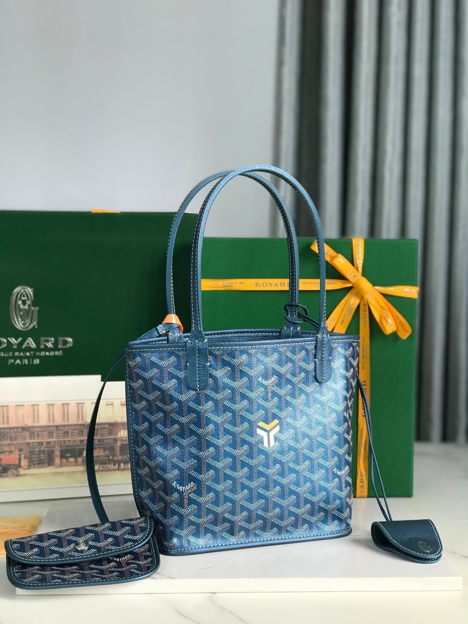 GOYARD ANJOU MINI BAG 20 IN NAVY BLUE  CALFSKIN AND GOYARDINE CANVAS