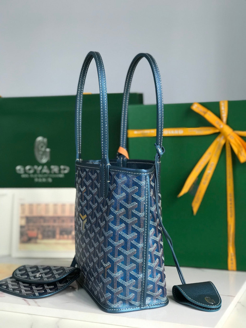 GOYARD ANJOU MINI BAG 20 IN NAVY BLUE  CALFSKIN AND GOYARDINE CANVAS