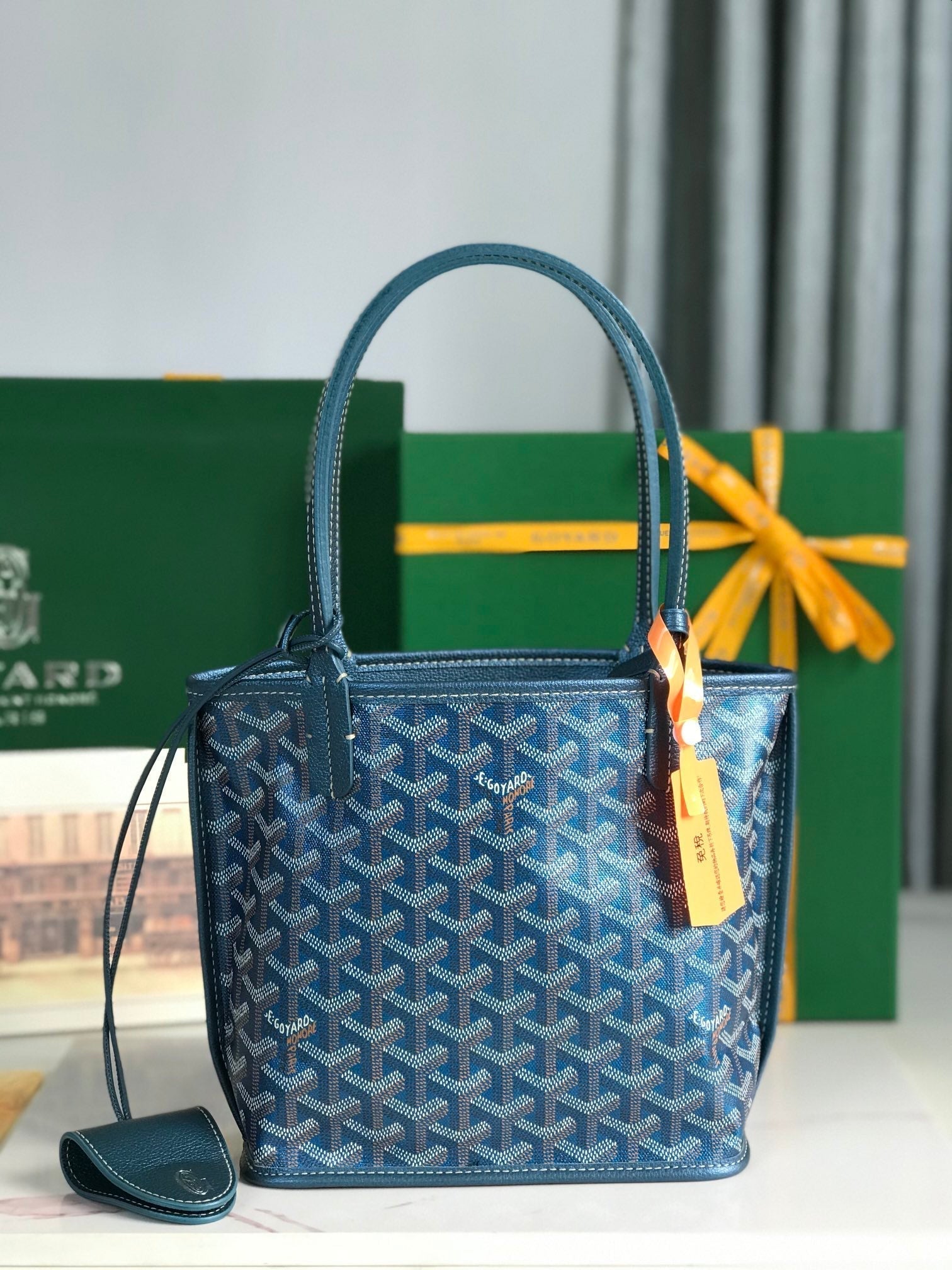 GOYARD ANJOU MINI BAG 20 IN NAVY BLUE  CALFSKIN AND GOYARDINE CANVAS