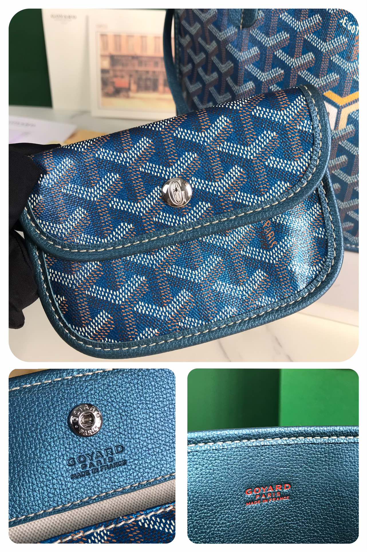 GOYARD ANJOU MINI BAG 20 IN NAVY BLUE  CALFSKIN AND GOYARDINE CANVAS