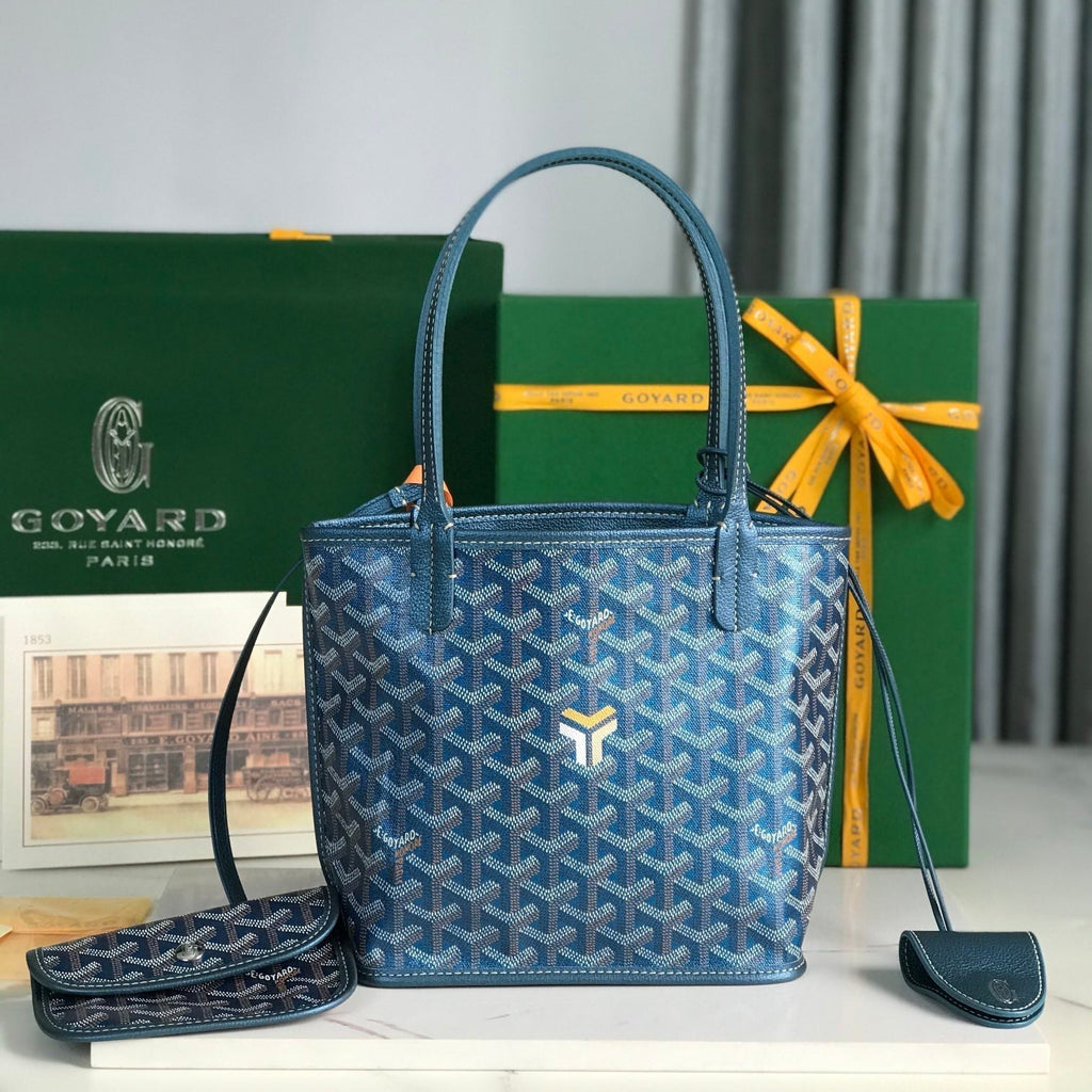 GOYARD ANJOU MINI BAG 20 IN NAVY BLUE  CALFSKIN AND GOYARDINE CANVAS