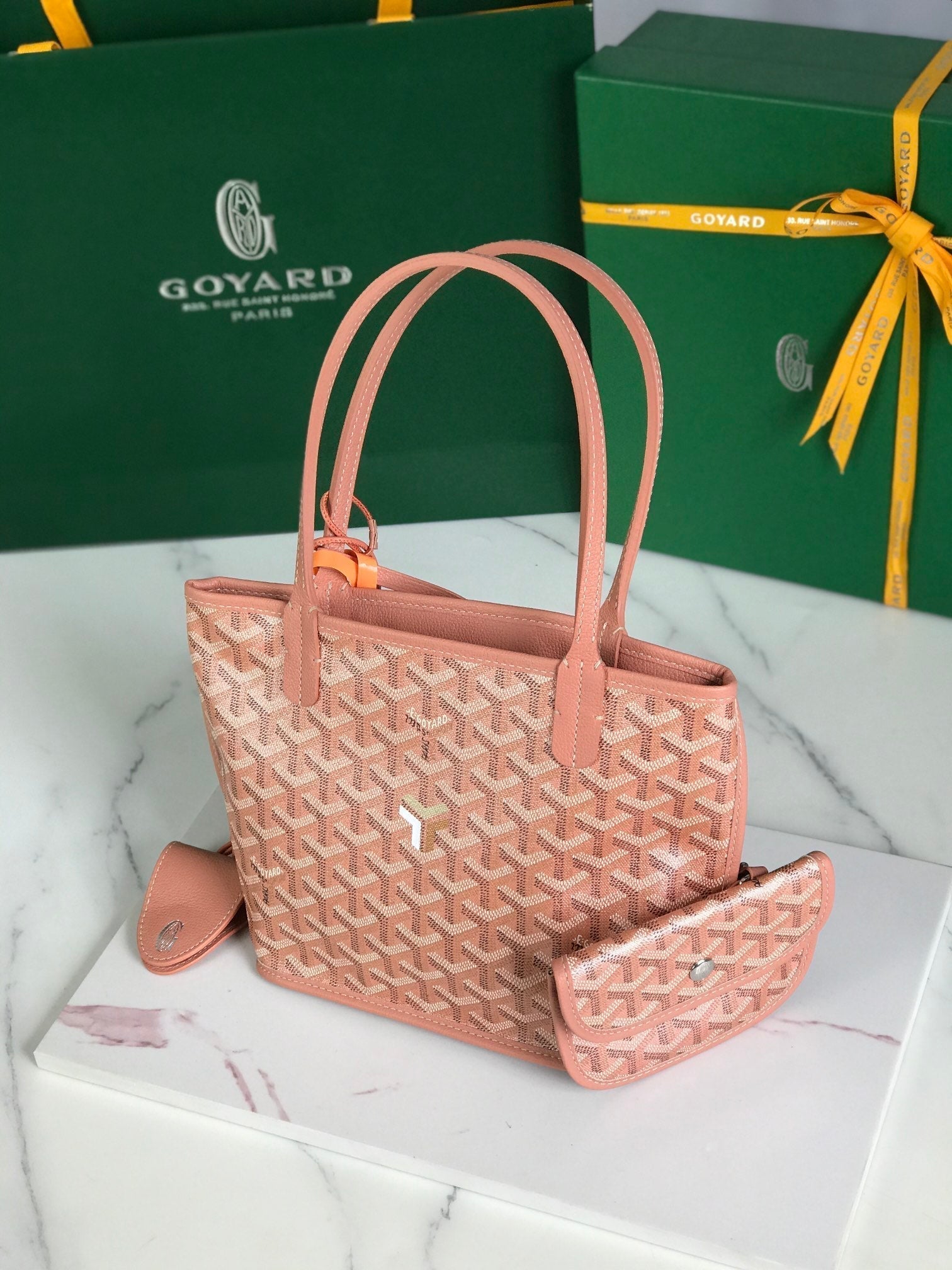 GOYARD ANJOU MINI BAG 20 IN MANHATTAN PINK  CALFSKIN AND GOYARDINE CANVAS