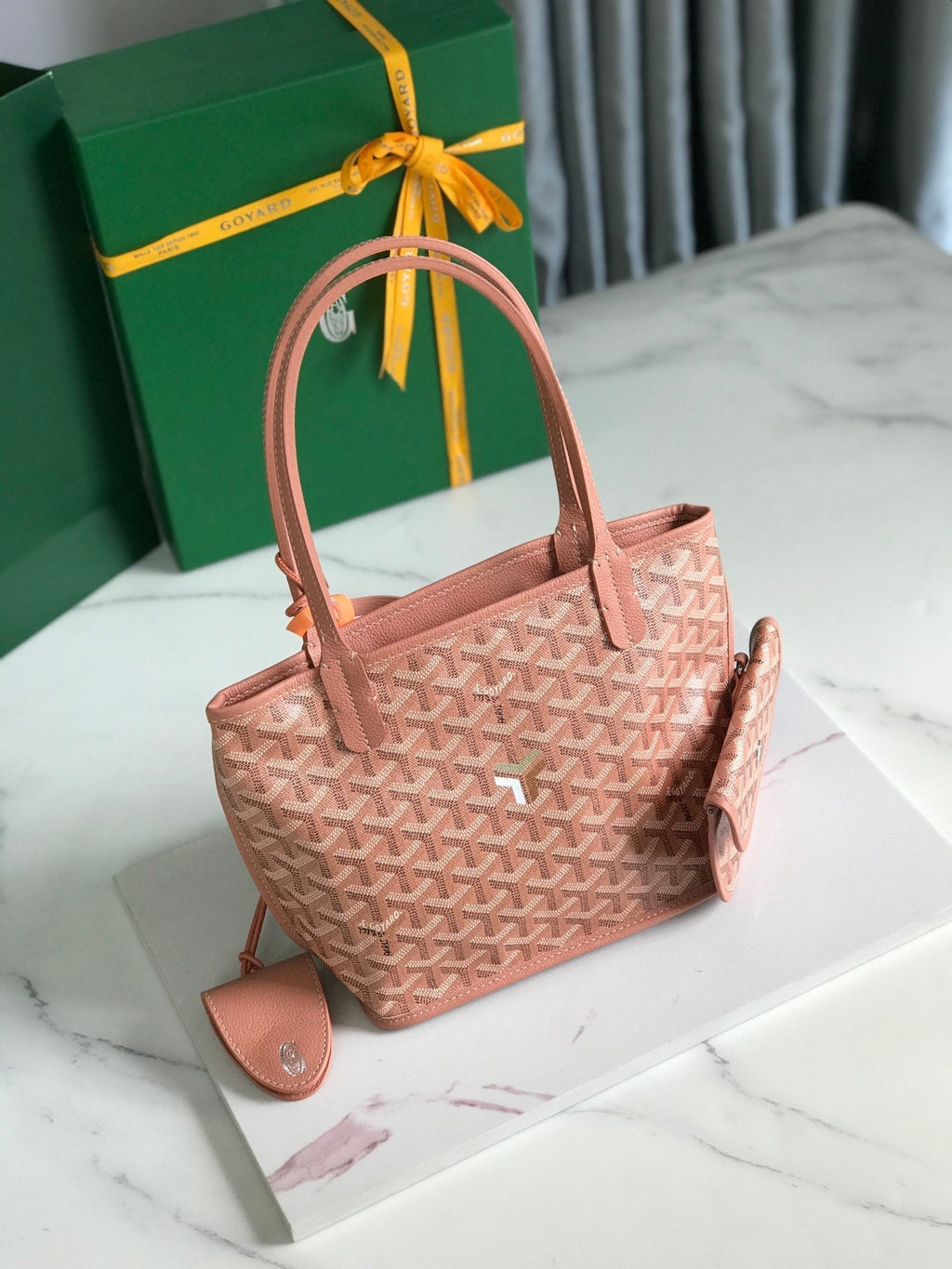 GOYARD ANJOU MINI BAG 20 IN MANHATTAN PINK  CALFSKIN AND GOYARDINE CANVAS