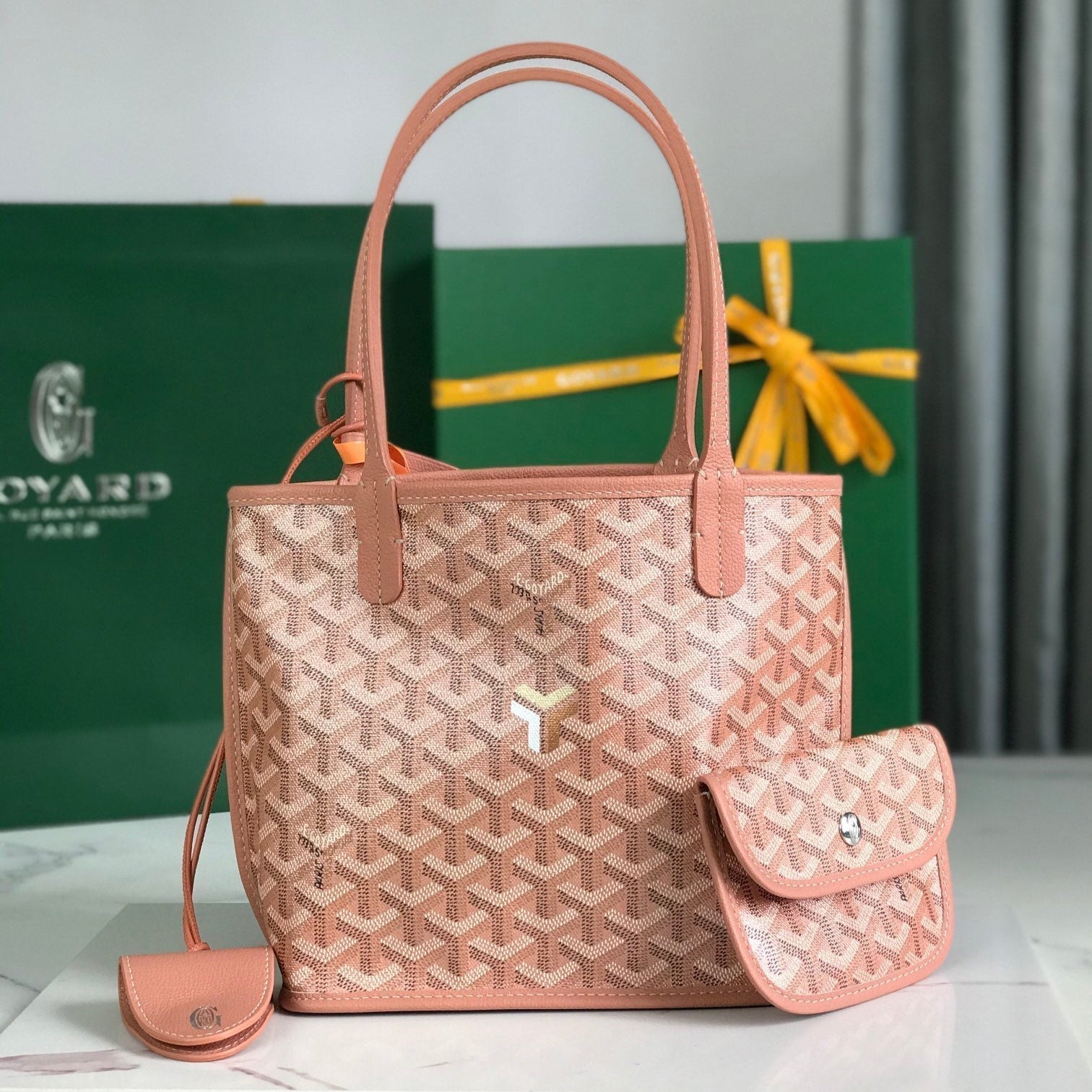 GOYARD ANJOU MINI BAG 20 IN MANHATTAN PINK  CALFSKIN AND GOYARDINE CANVAS